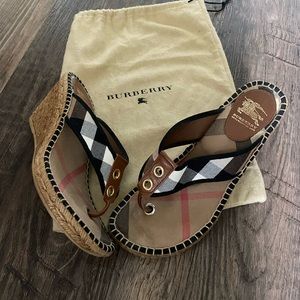 Burberry Beige Black Tan Check Espadrille Wedge Sandals